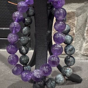 Amethyst and Picasso Jasper Beaded Stretch Bracelet Set